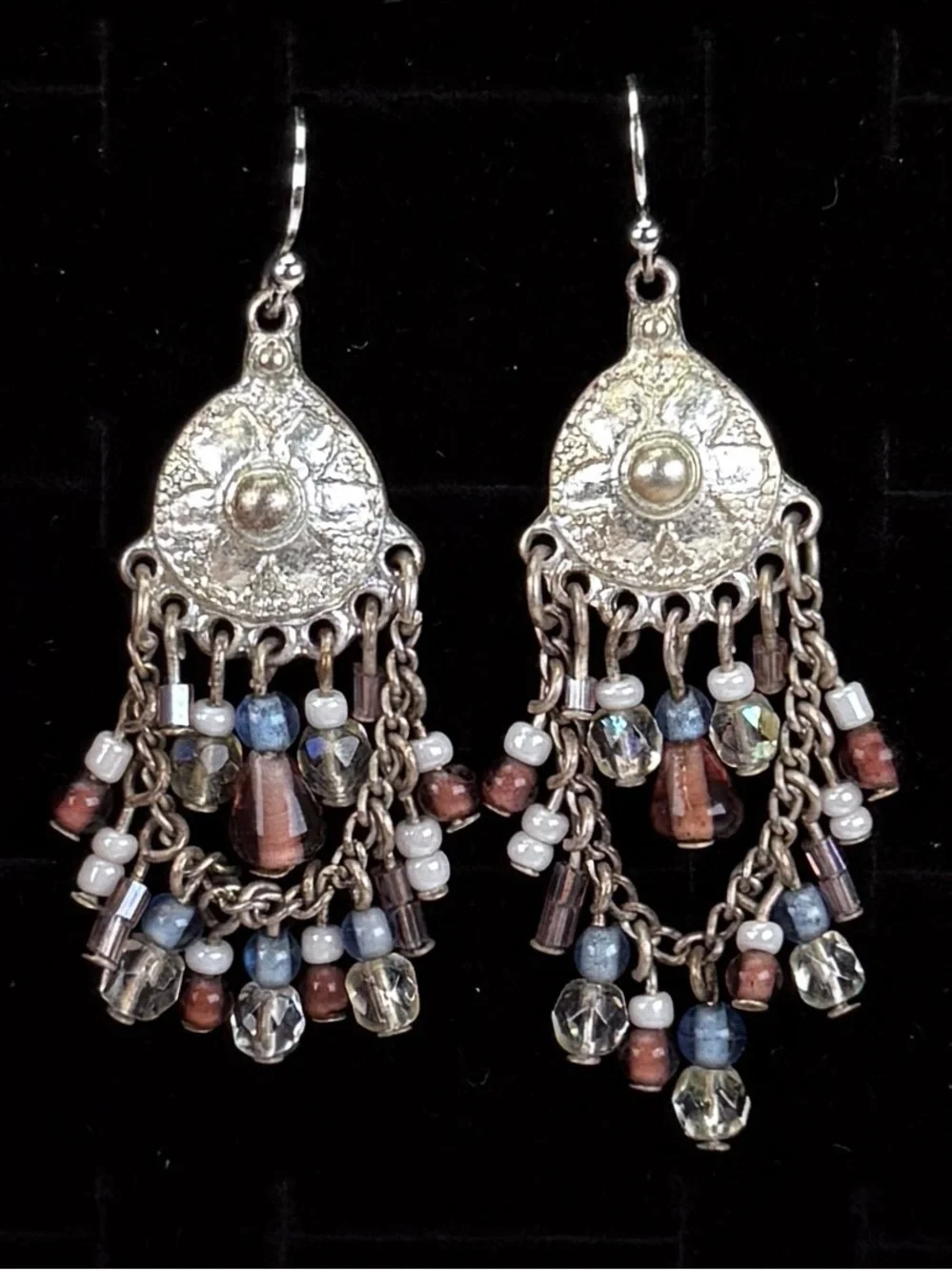 Stunning Silvertone colored beaded chandelier pierced earrings